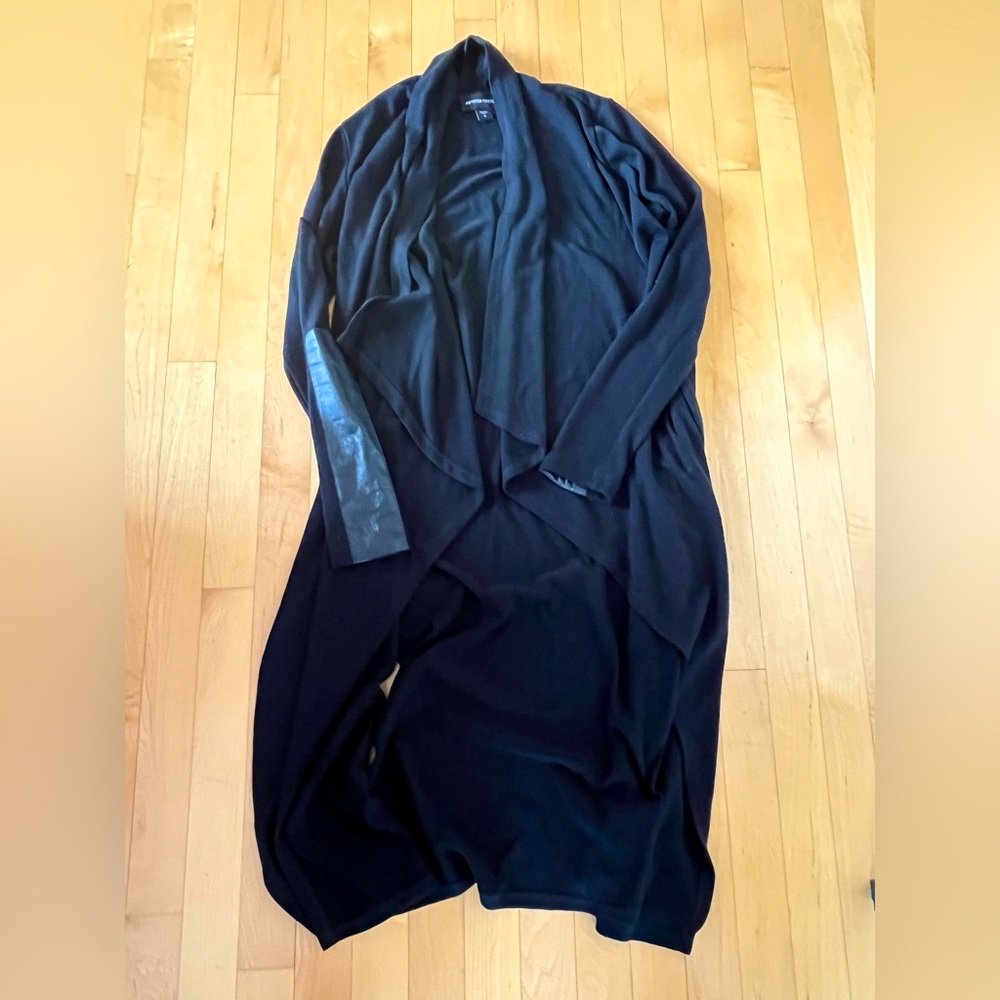 Long, black cardigan with leather trim on sleeves